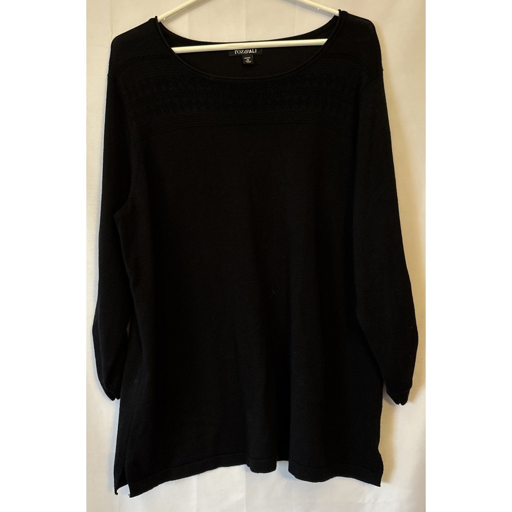 Women's Light Roz & Ali Black Long Sleeve Crew Neck Sweater Ruched Cuff Large